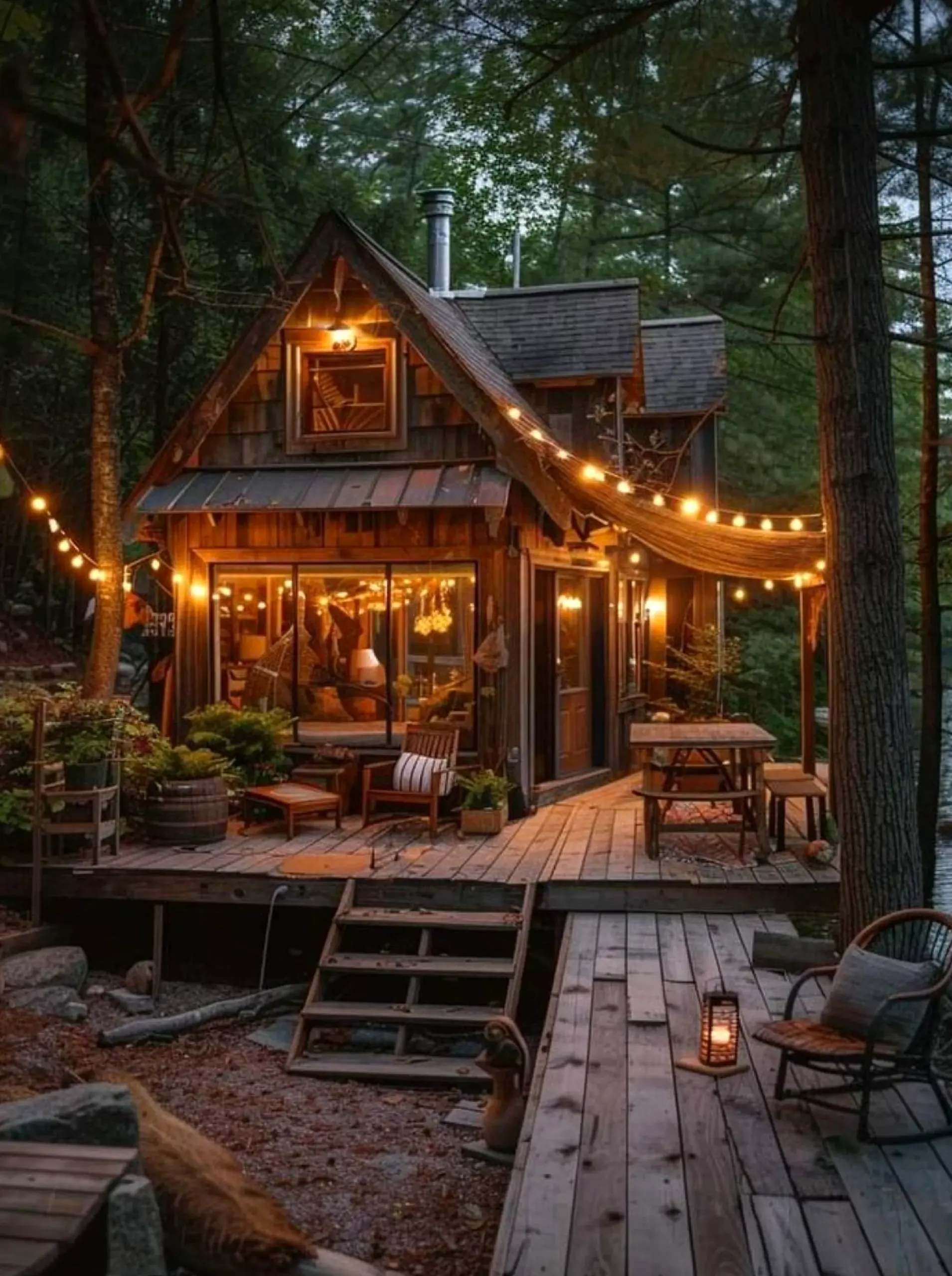 Calm stone terrace introduces order into the entry, keeping the atmosphere pleasantly composed.