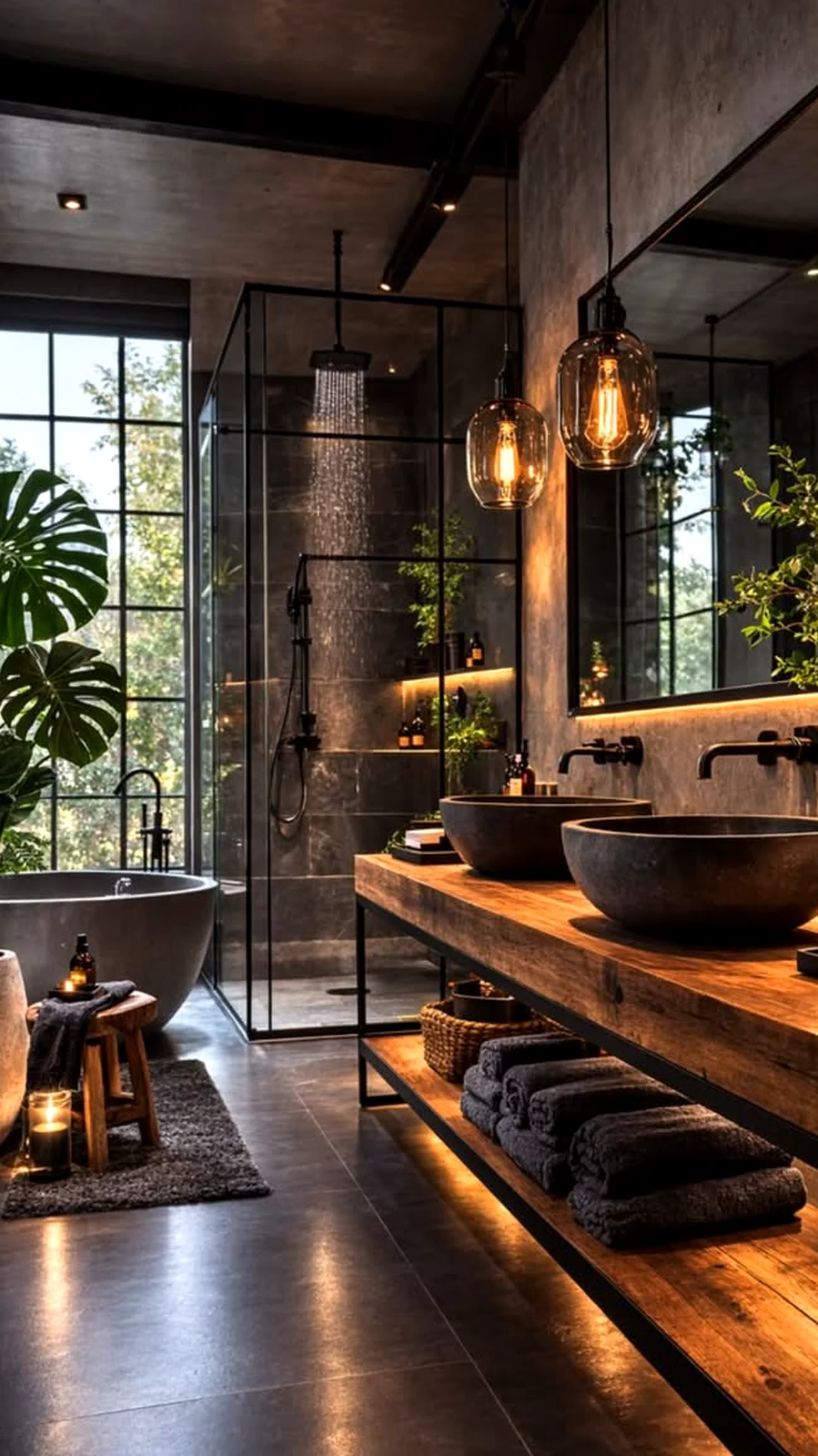 Compact plant shelf introduces light into the corner, keeping the atmosphere quietly finished.