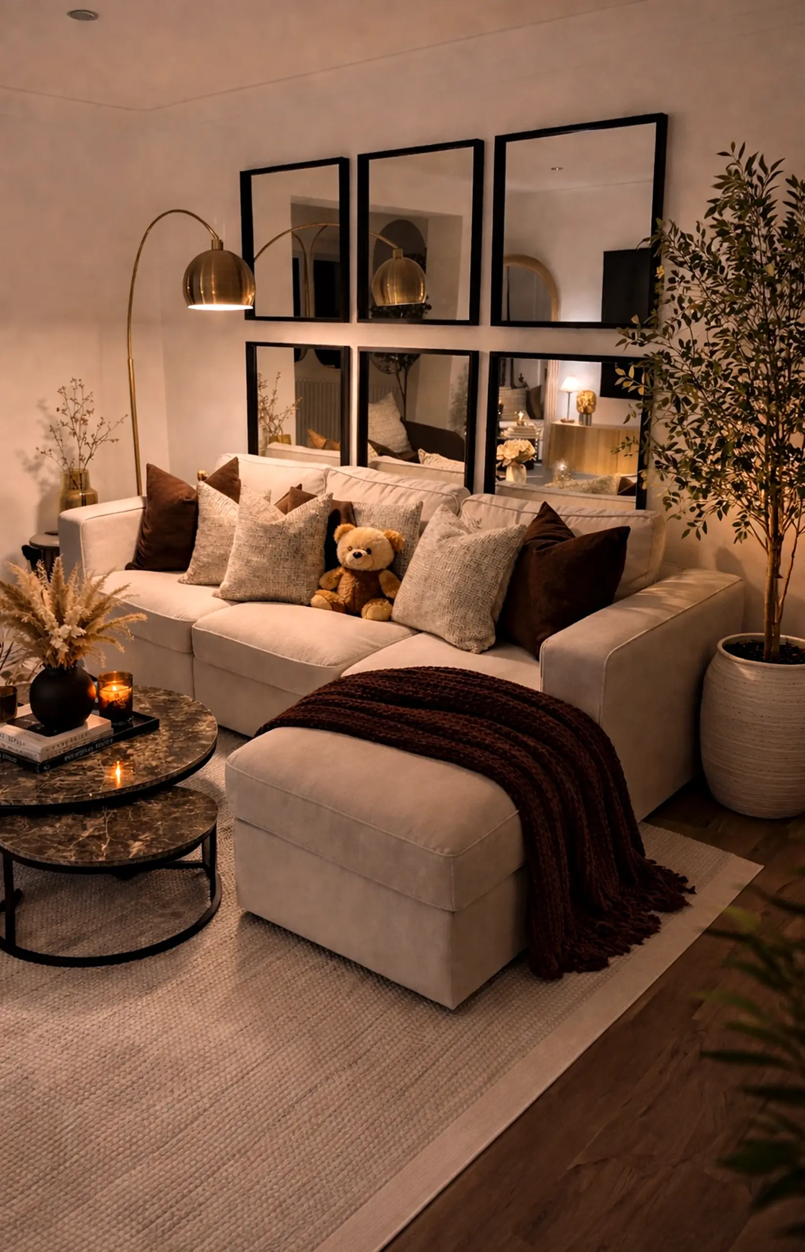 Earthy garden border adds focus across the room, giving the decor a finish that feels visually grounded.