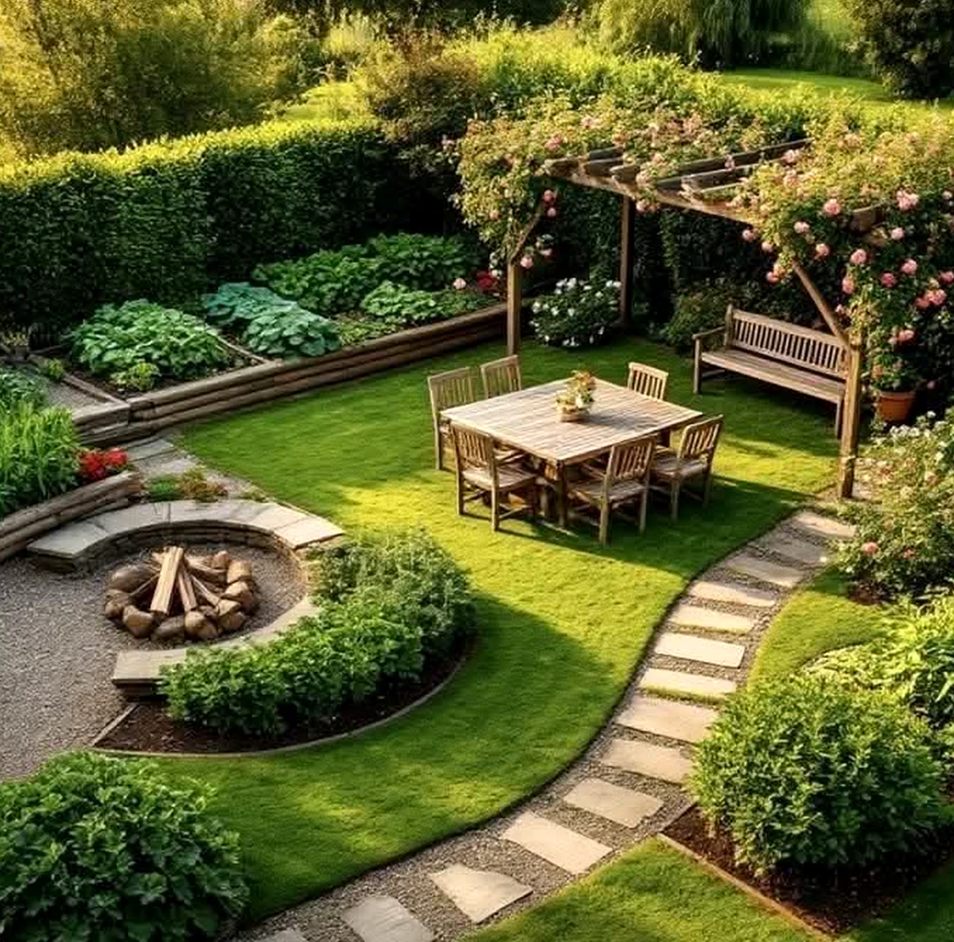 Subtle lamp detail anchors the garden edge with movement, giving the view a mood that feels warm without clutter.