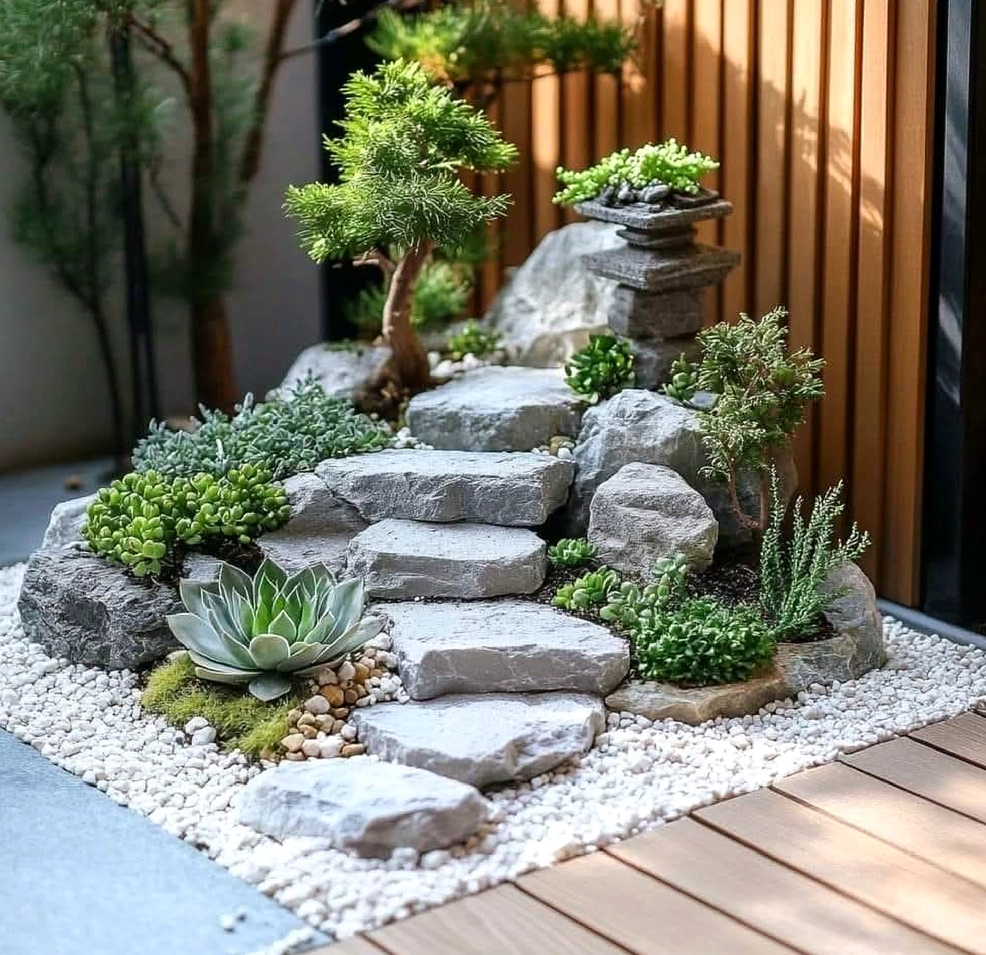 Calm stone path gives the arrangement more balance, so the whole view feels ready for quiet use.