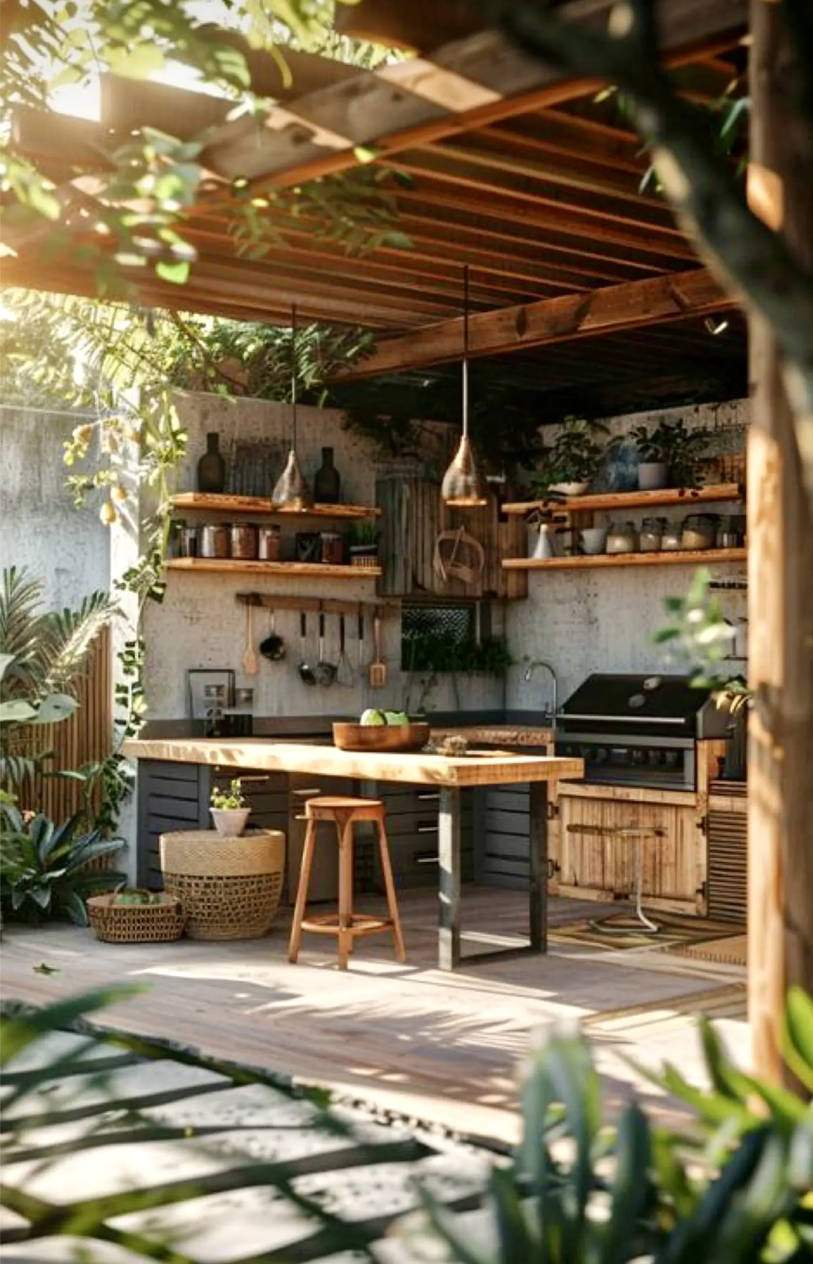 Textured stone terrace brings comfort to the view, creating a mood that feels easy to enjoy.