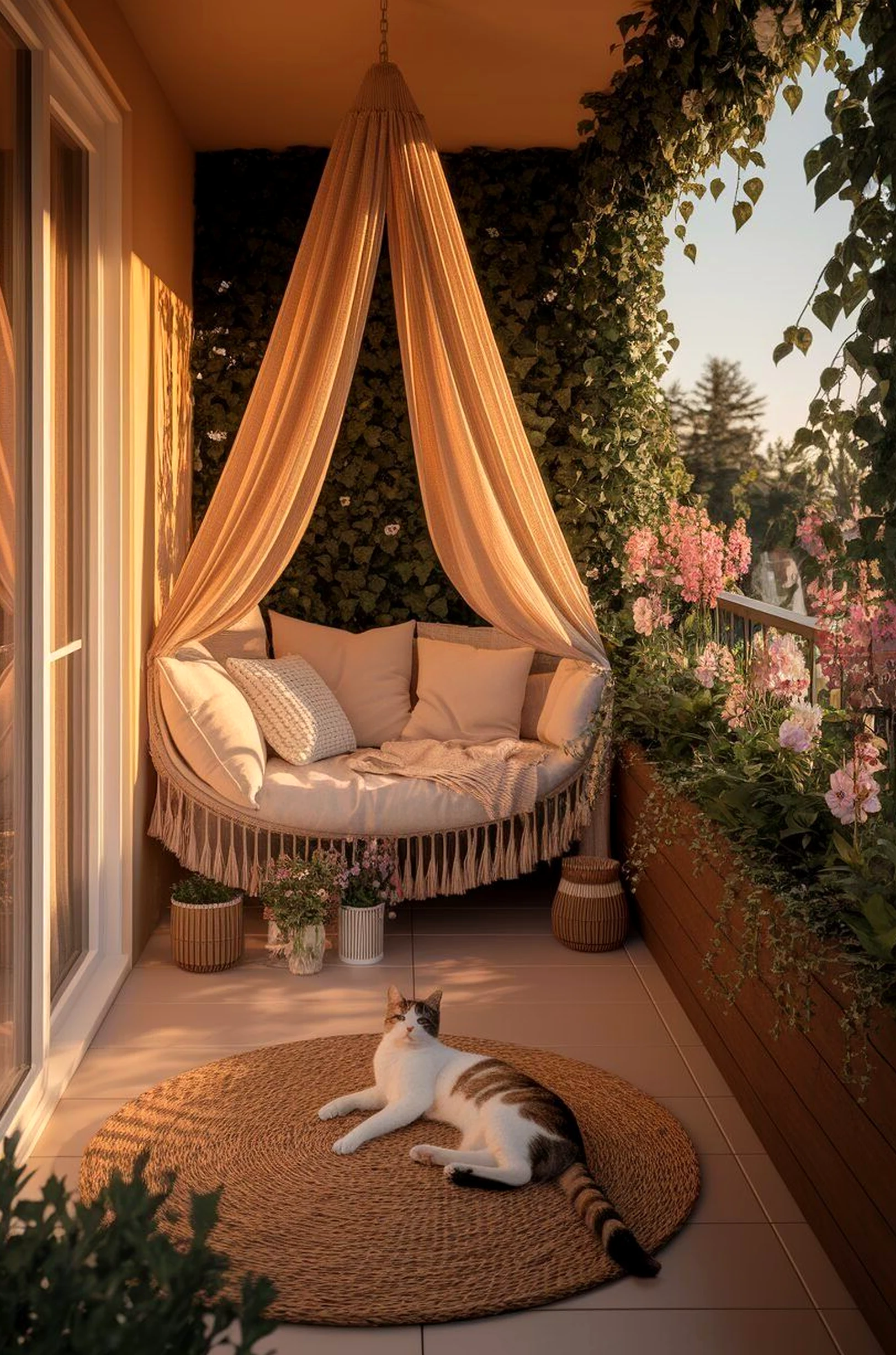 Soft floor pattern frames the room with comfort, making the scene feel personal and relaxed.