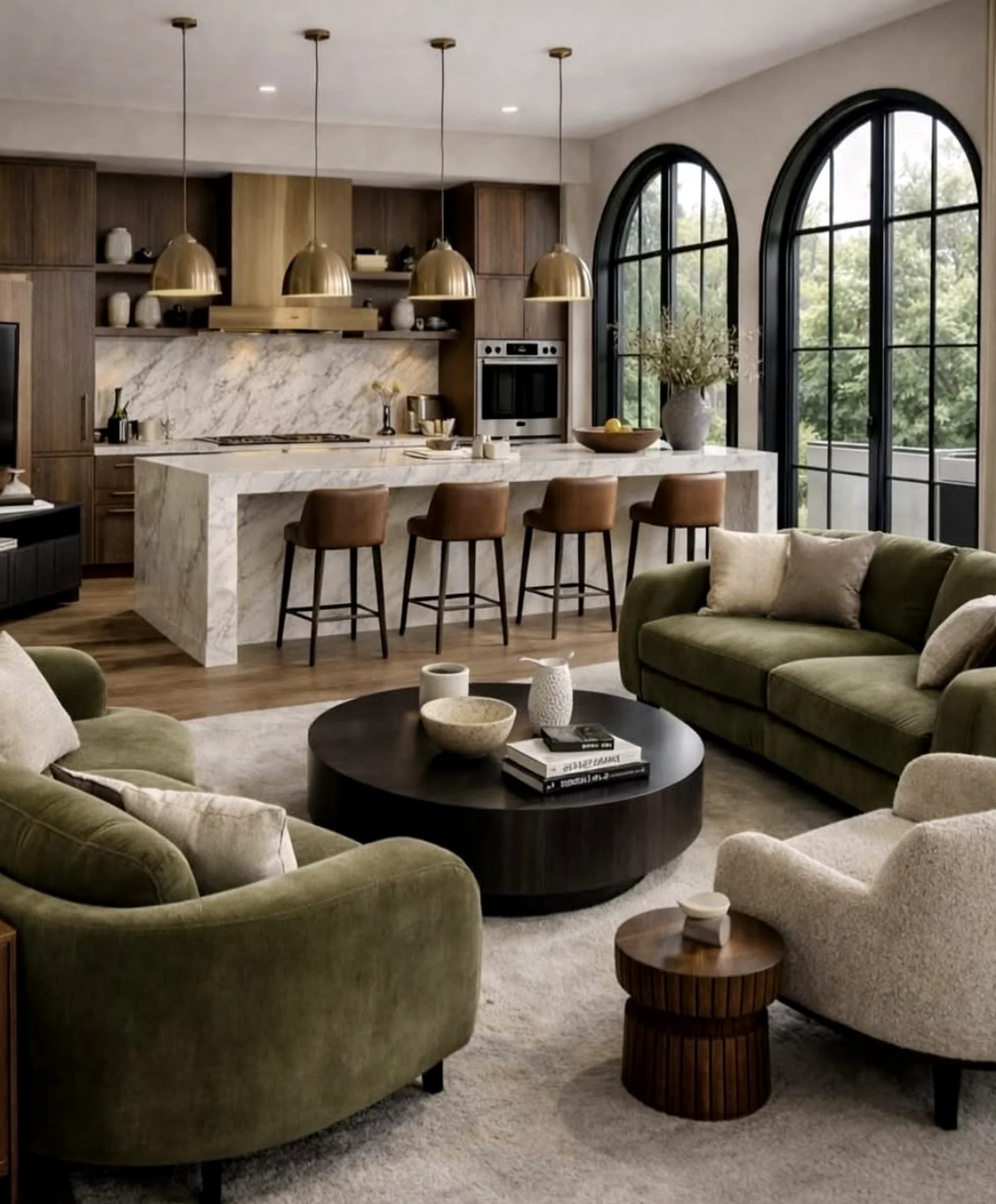 Relaxed green entry supports the room through rhythm, leaving the space feeling open and lived-in.