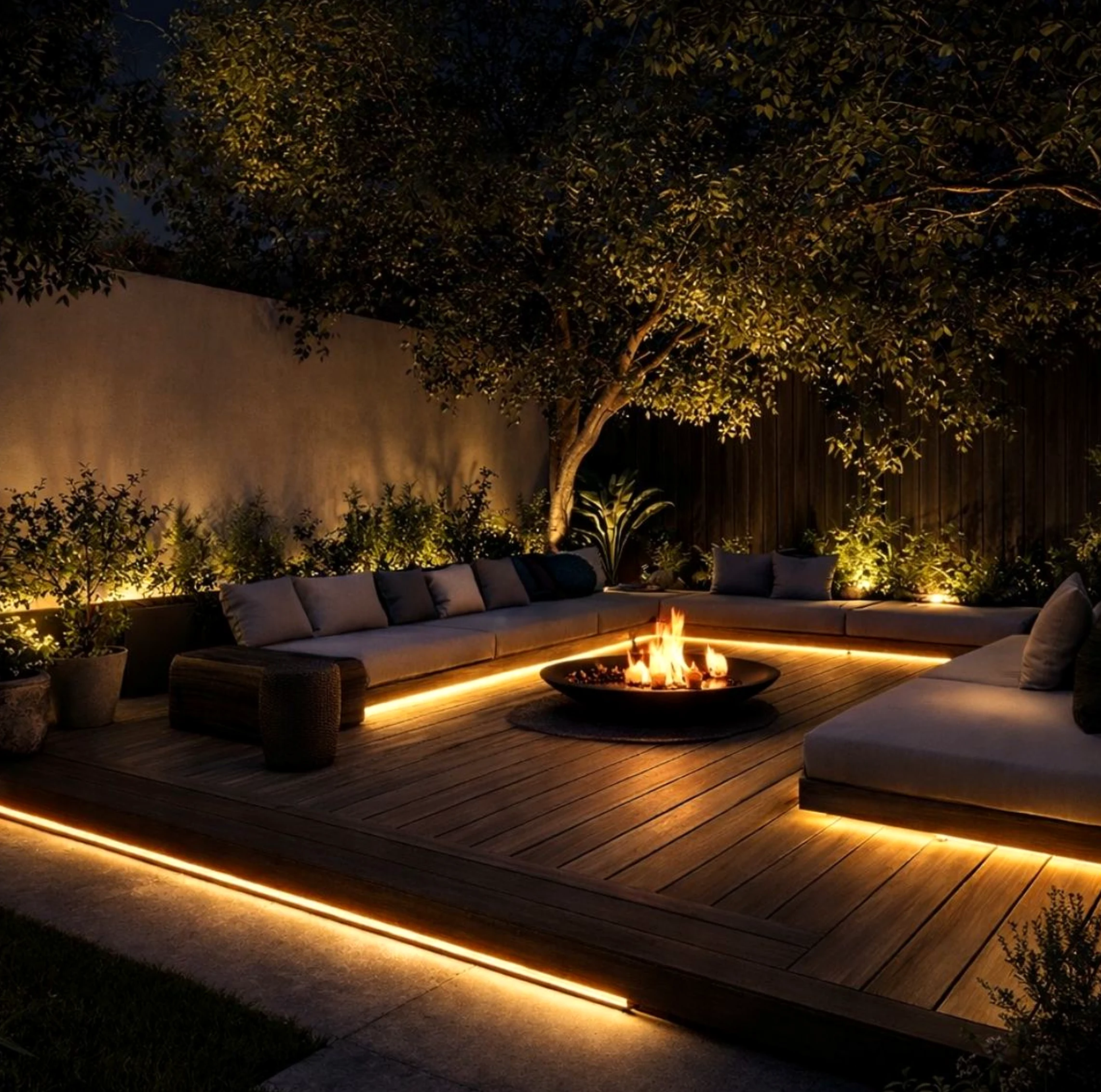 Layered garden seating introduces comfort into the setting, keeping the atmosphere clear and inviting.