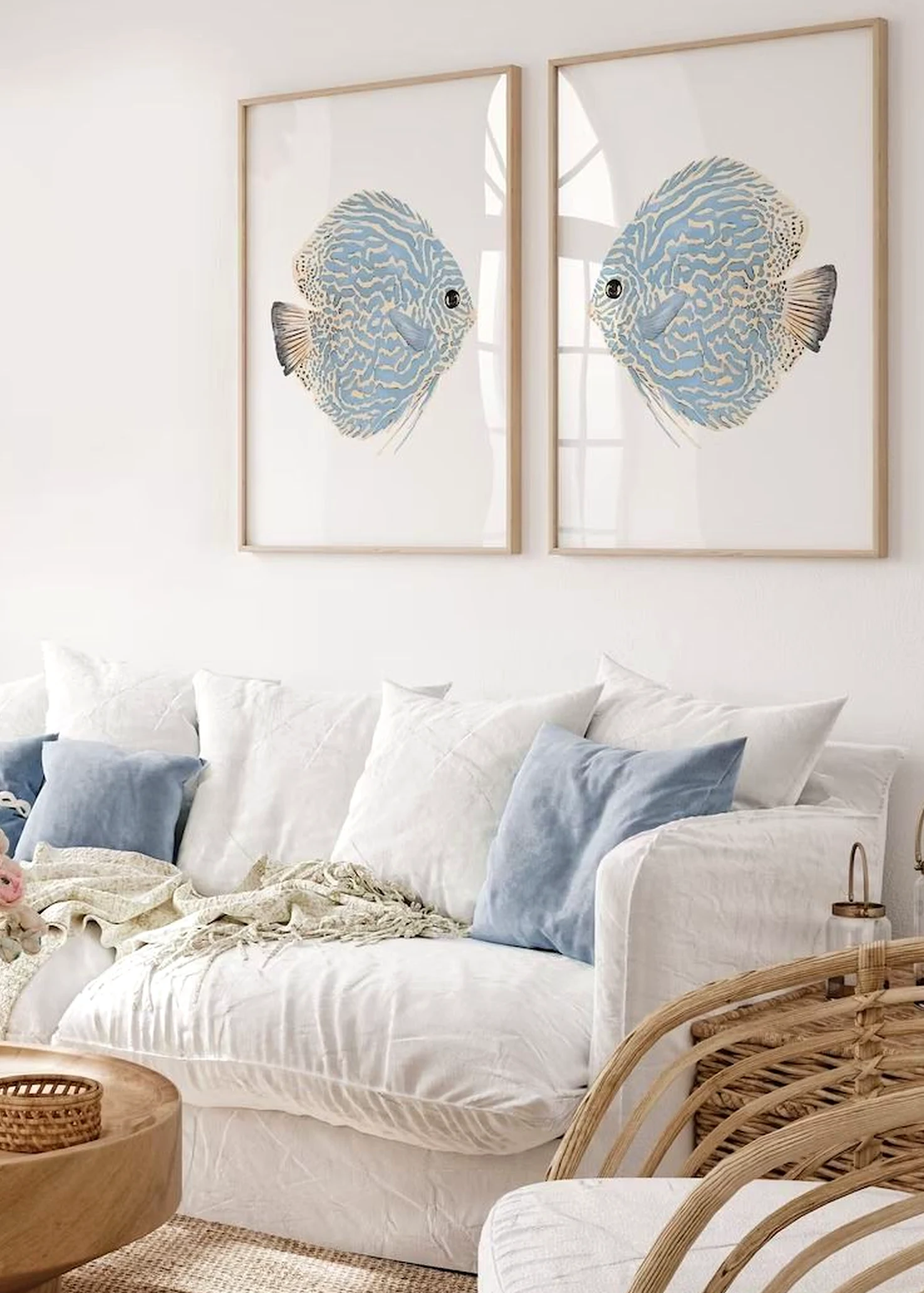 Bright woven chair adds a clear layer of rhythm, helping the view feel settled and welcoming.