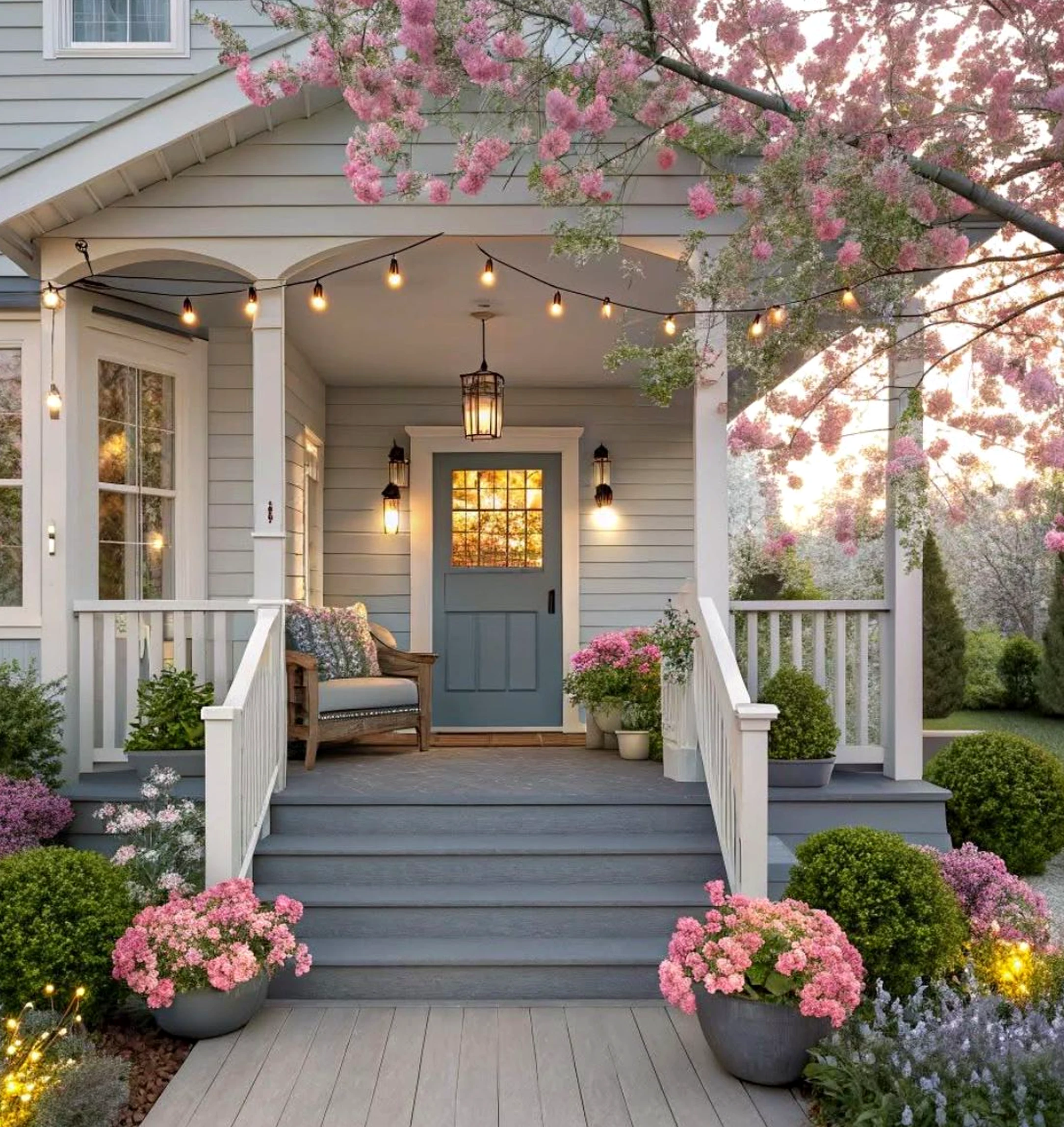 Leafy stair landing anchors the arrangement with charm, giving the view a mood that feels visually grounded.