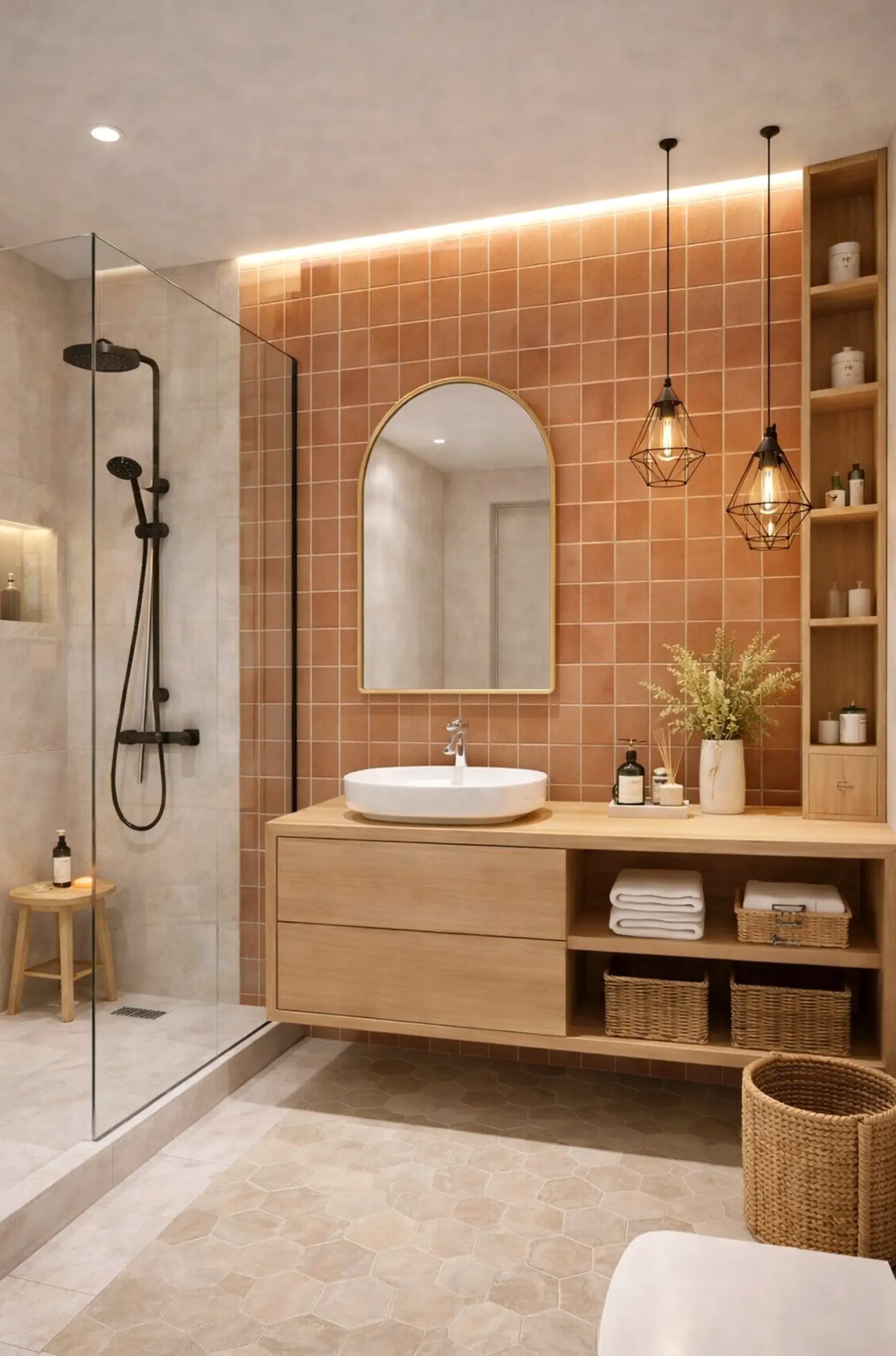 Cozy stair landing draws attention to charm while the setting stays fresh and intentional.
