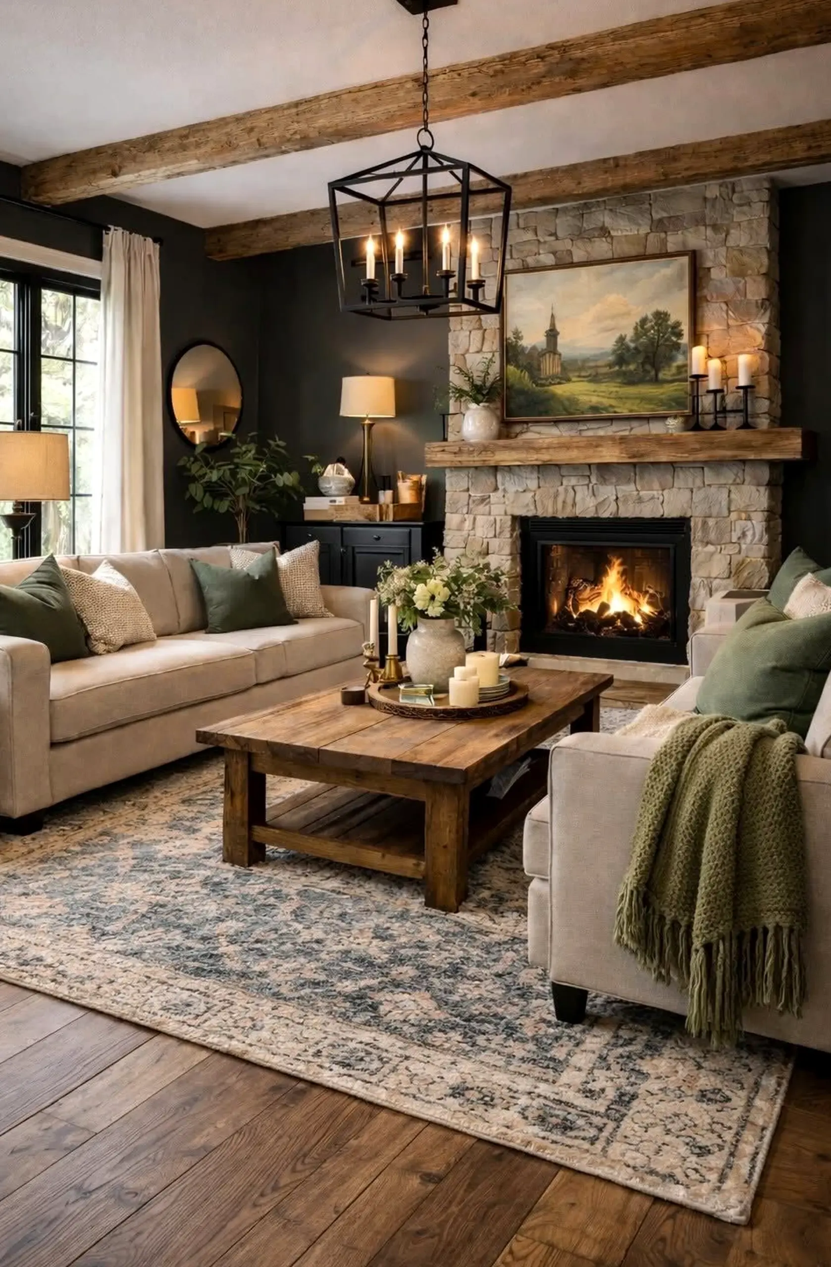 Polished vase display gives the sitting area more light, so the whole view feels soft at the edges.