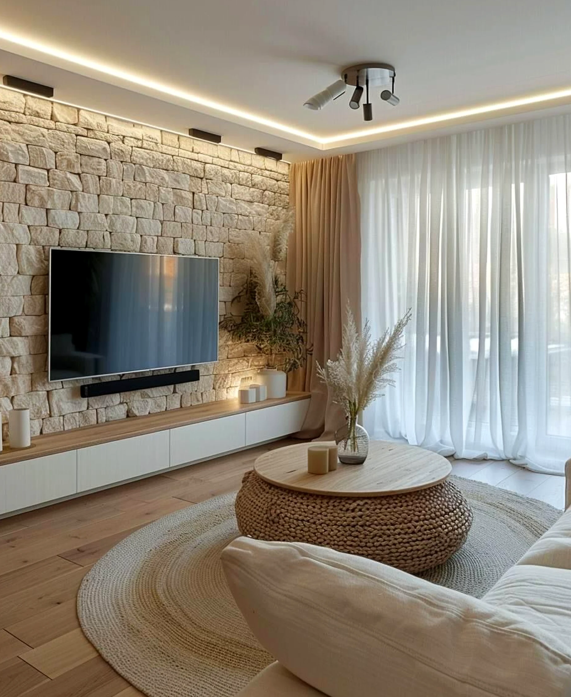 Graceful floor pattern frames the view with focus, making the scene feel bright but not busy.