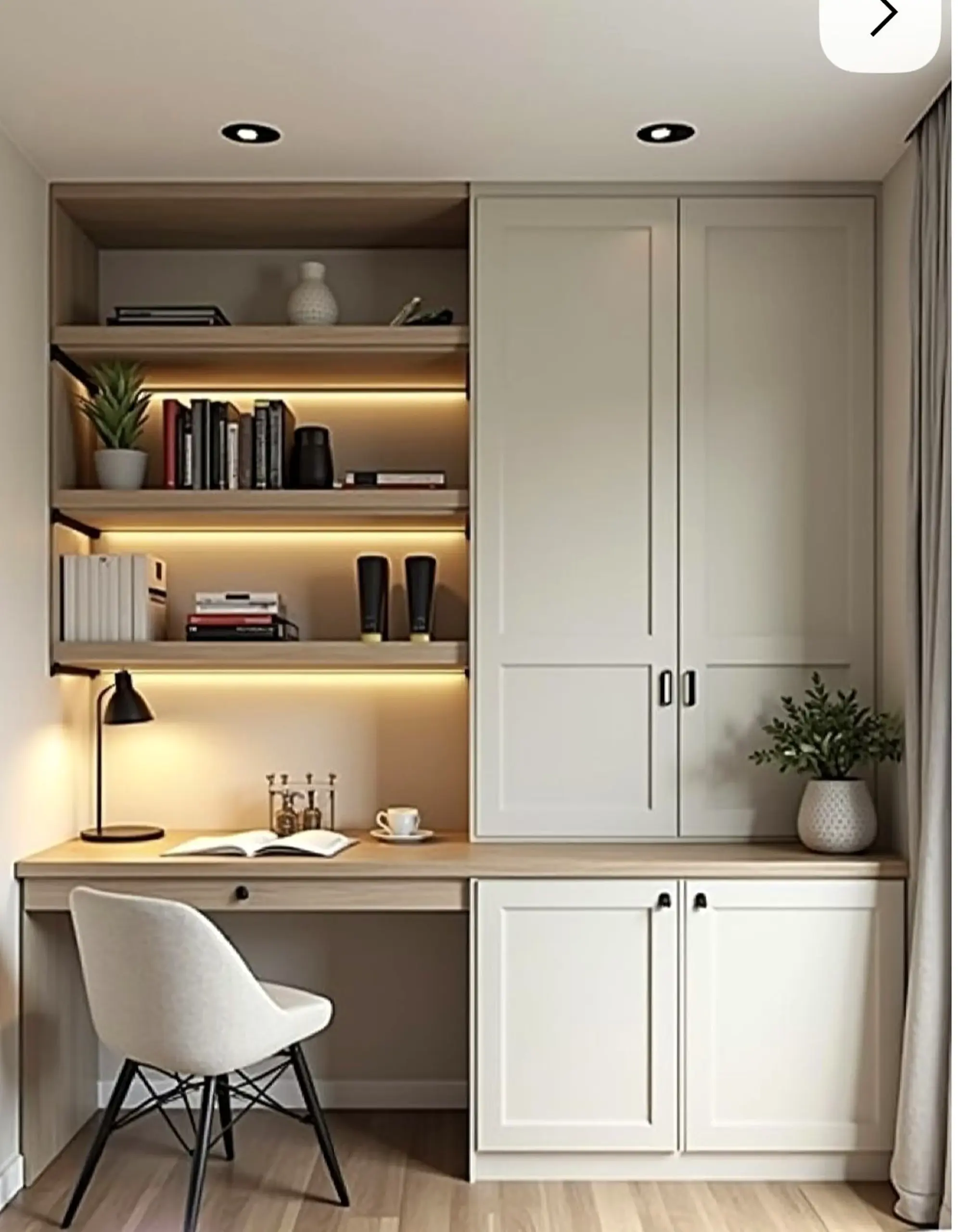 Sunny cabinet wall introduces order into the backdrop, keeping the atmosphere quietly finished.