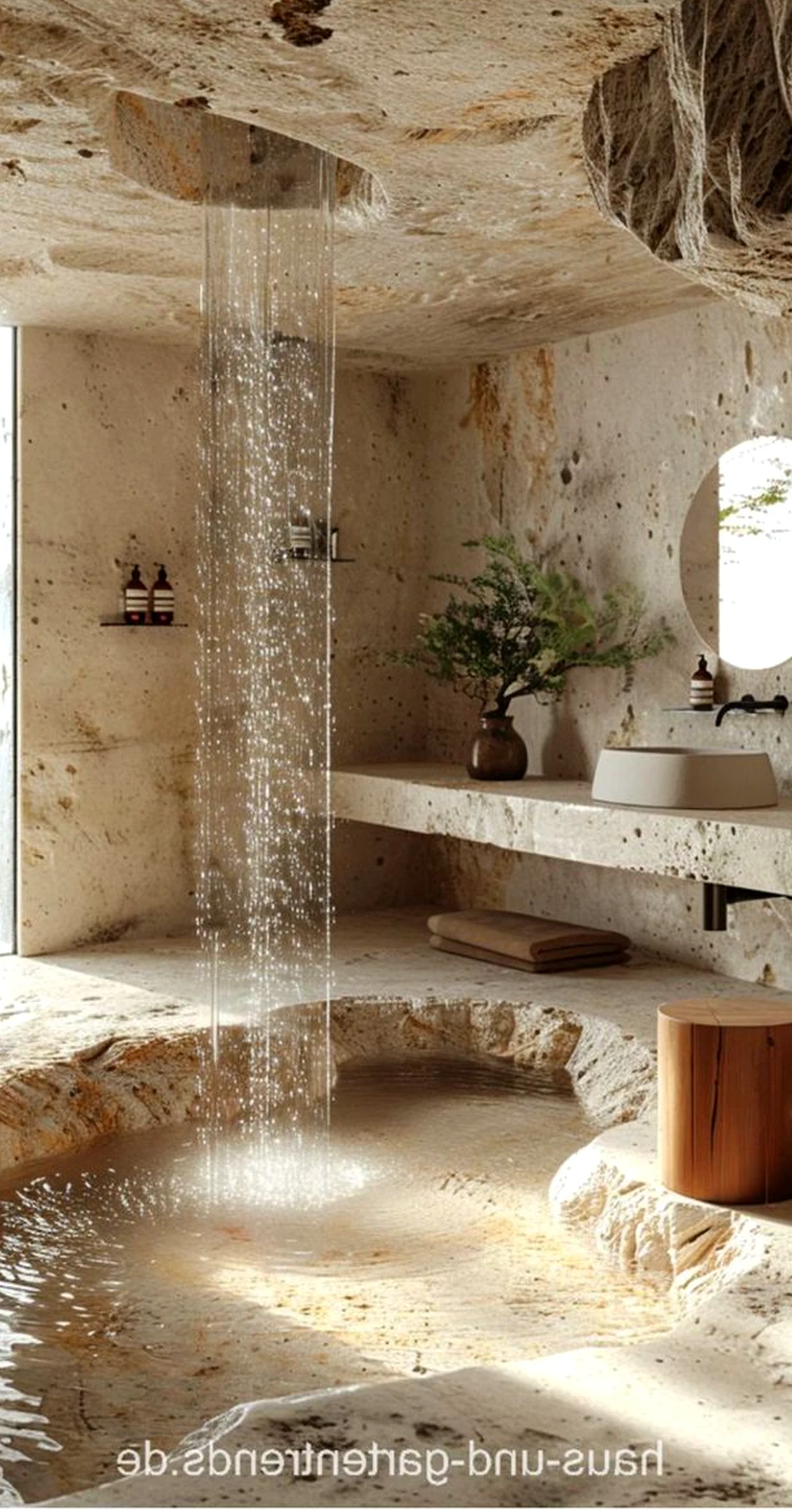 Balanced stone terrace frames the corner with freshness, making the scene feel personal and relaxed.
