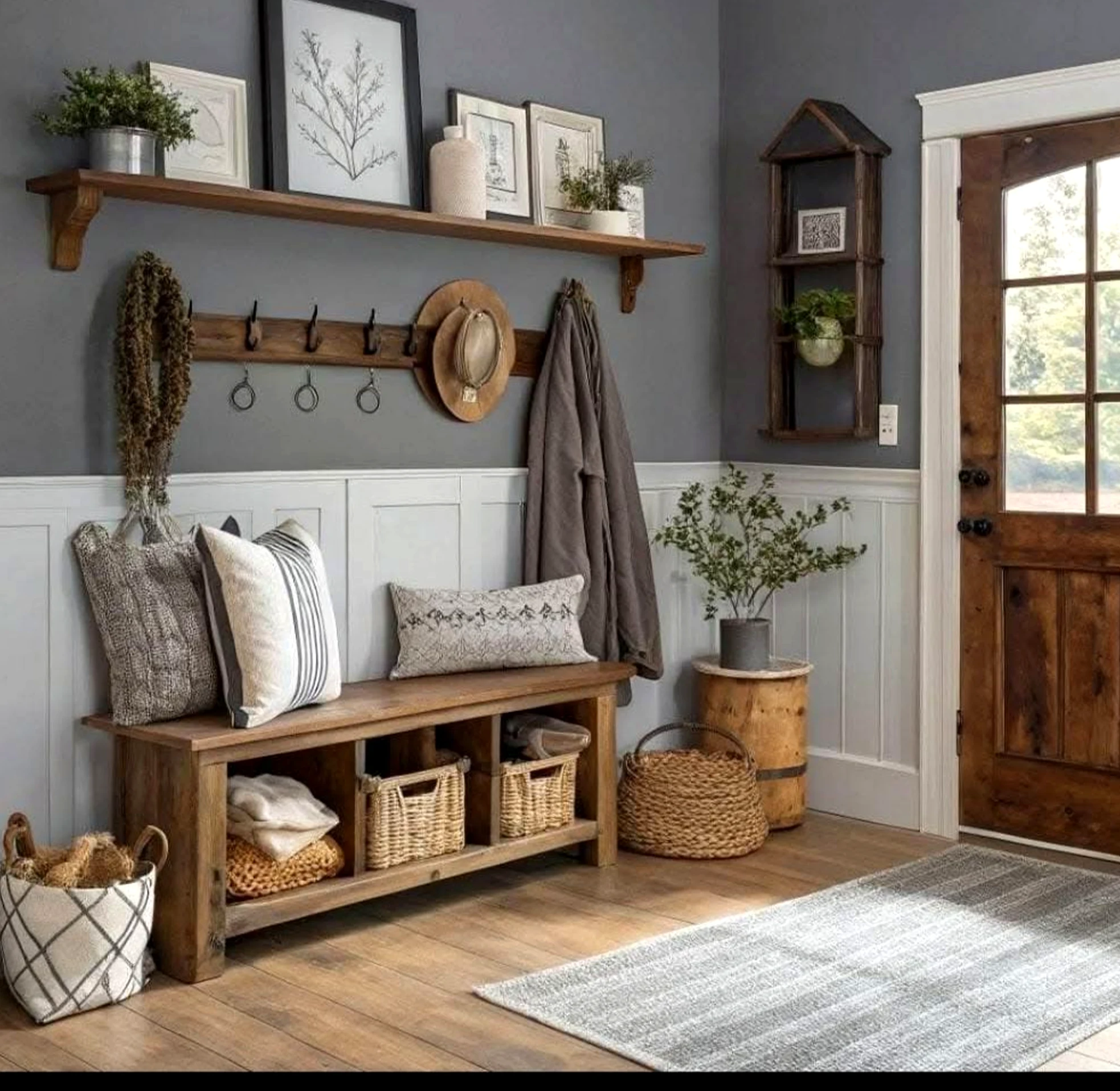 Layered sink area draws attention to warmth while the sitting area stays settled and welcoming.