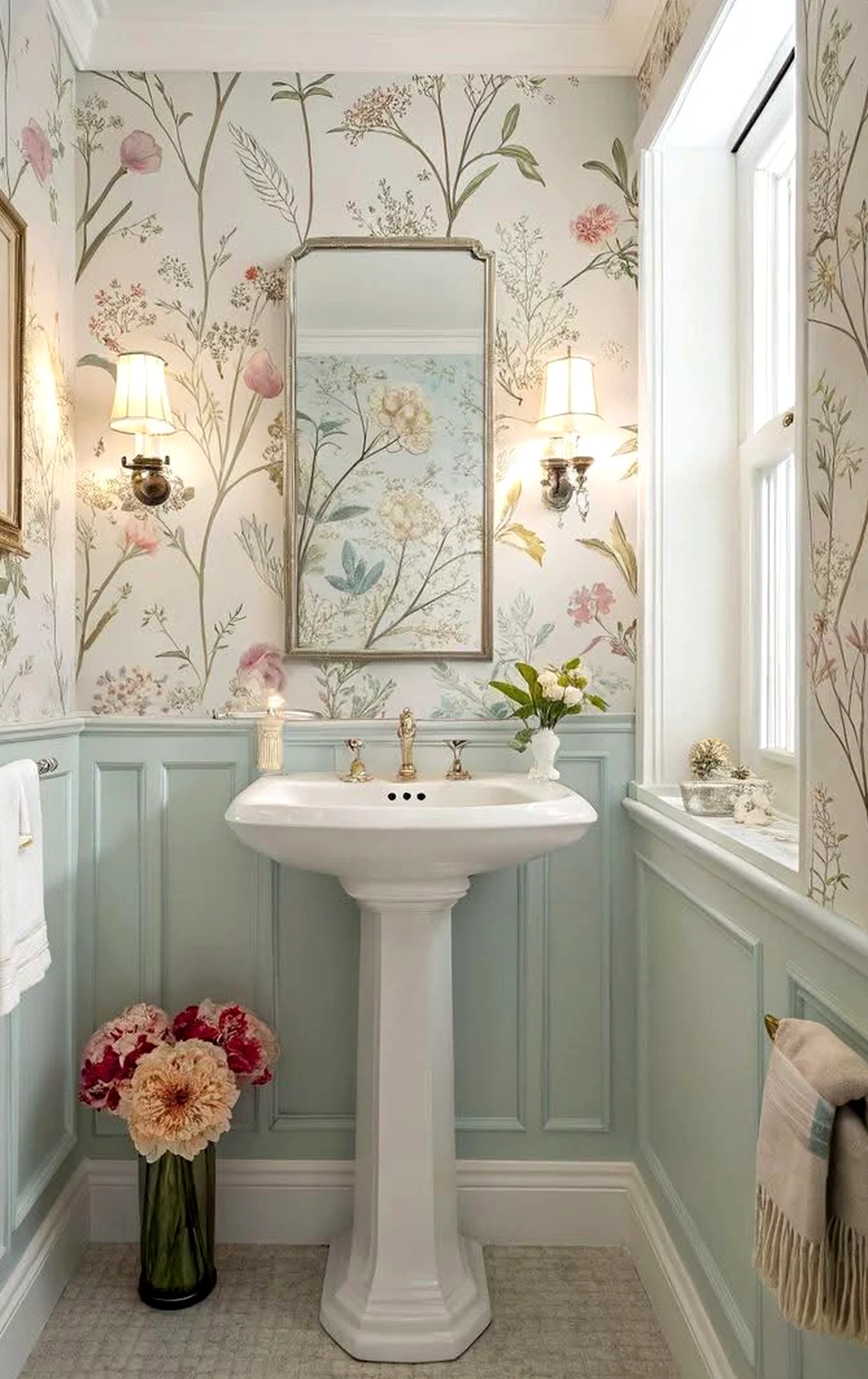 Soft shower wall adds texture across the corner, giving the decor a finish that feels personal and relaxed.