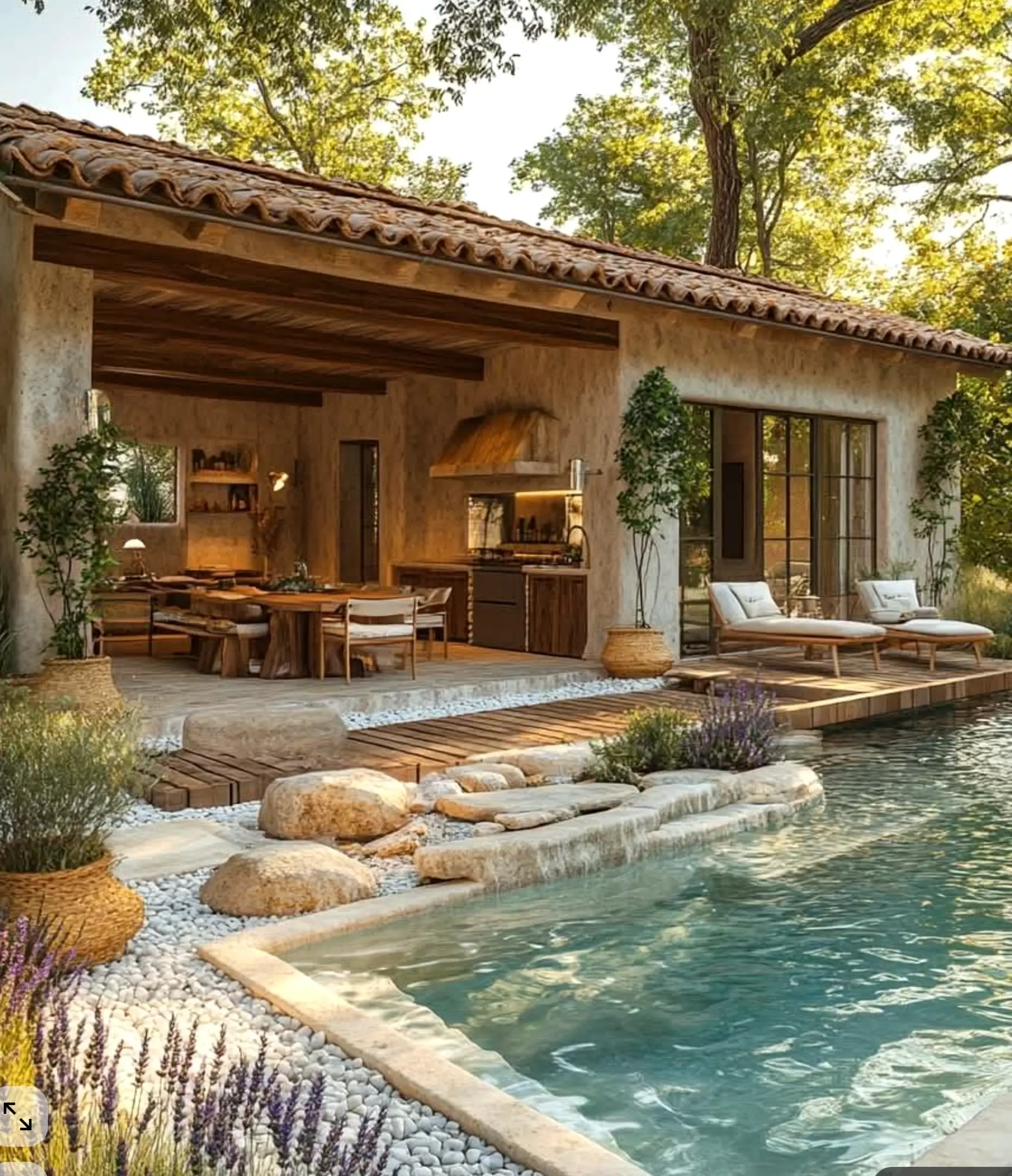 Bright sink area adds a clear layer of depth, helping the outdoor space feel visually grounded.