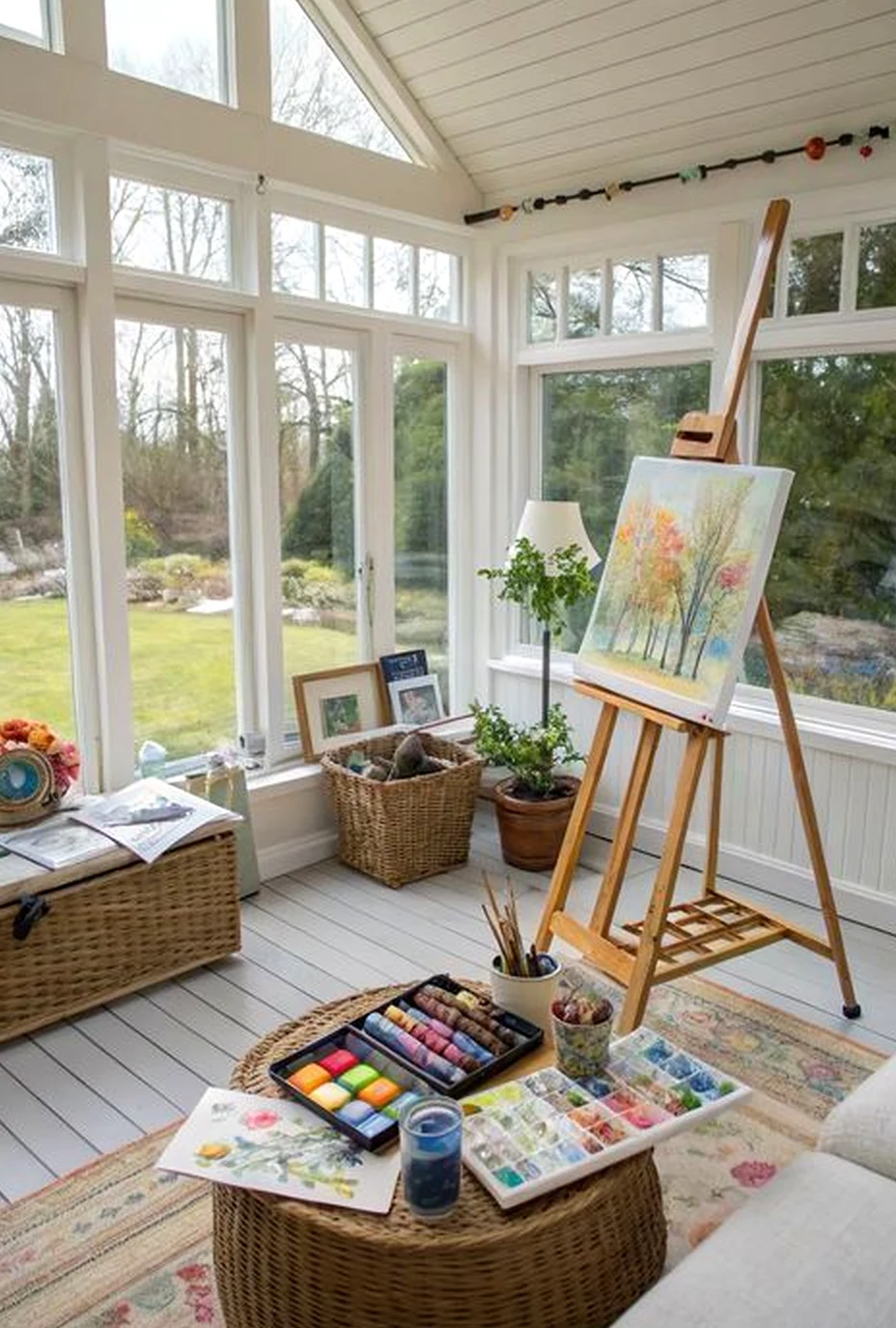 Earthy compact workspace frames the composition with ease, making the scene feel clear and inviting.
