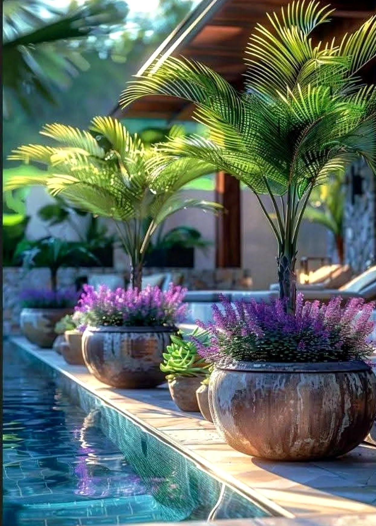 Elegant floral bed draws attention to freshness while the sitting area stays open and lived-in.
