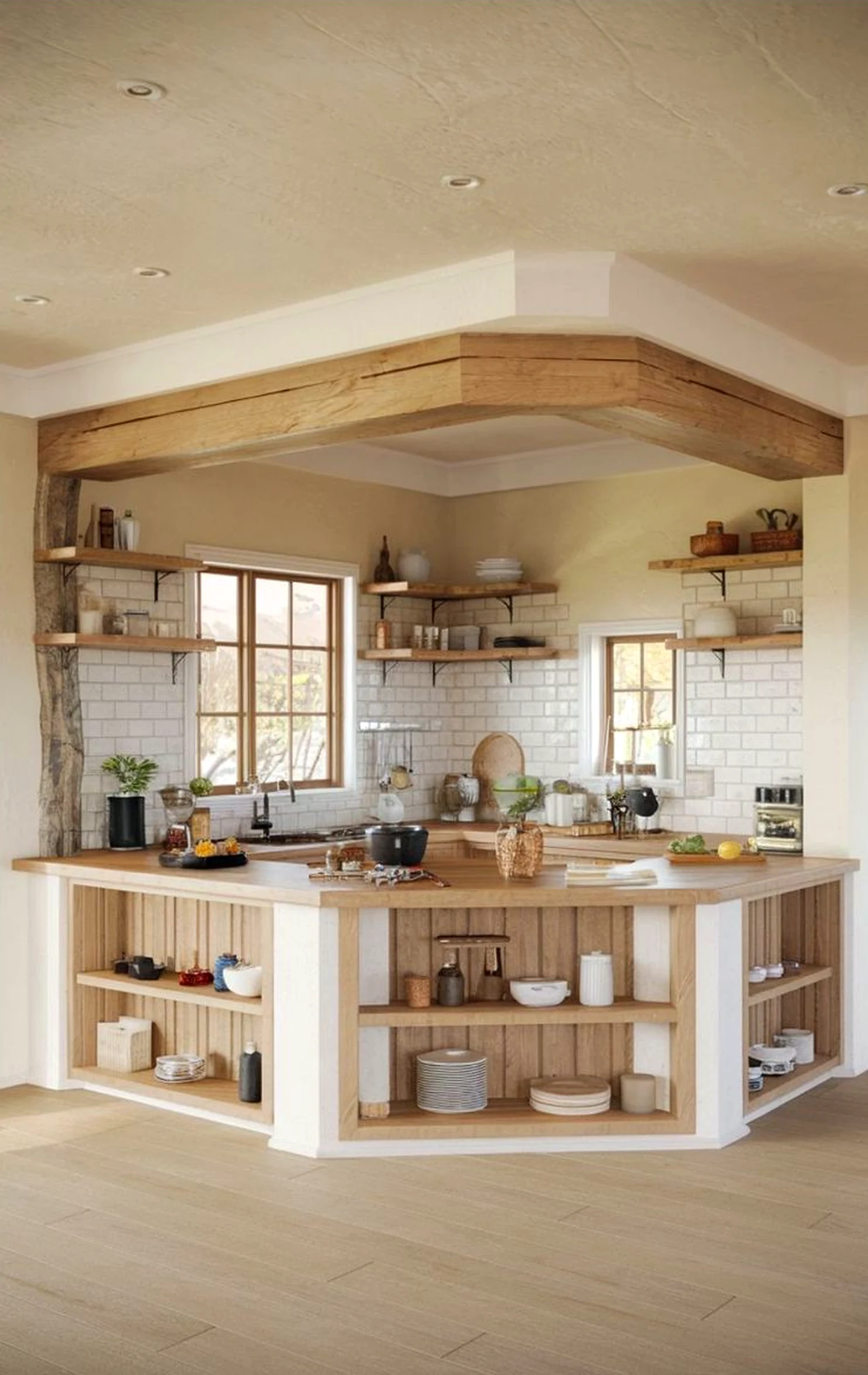 Quiet kitchen nook draws attention to contrast while the sitting area stays soft at the edges.