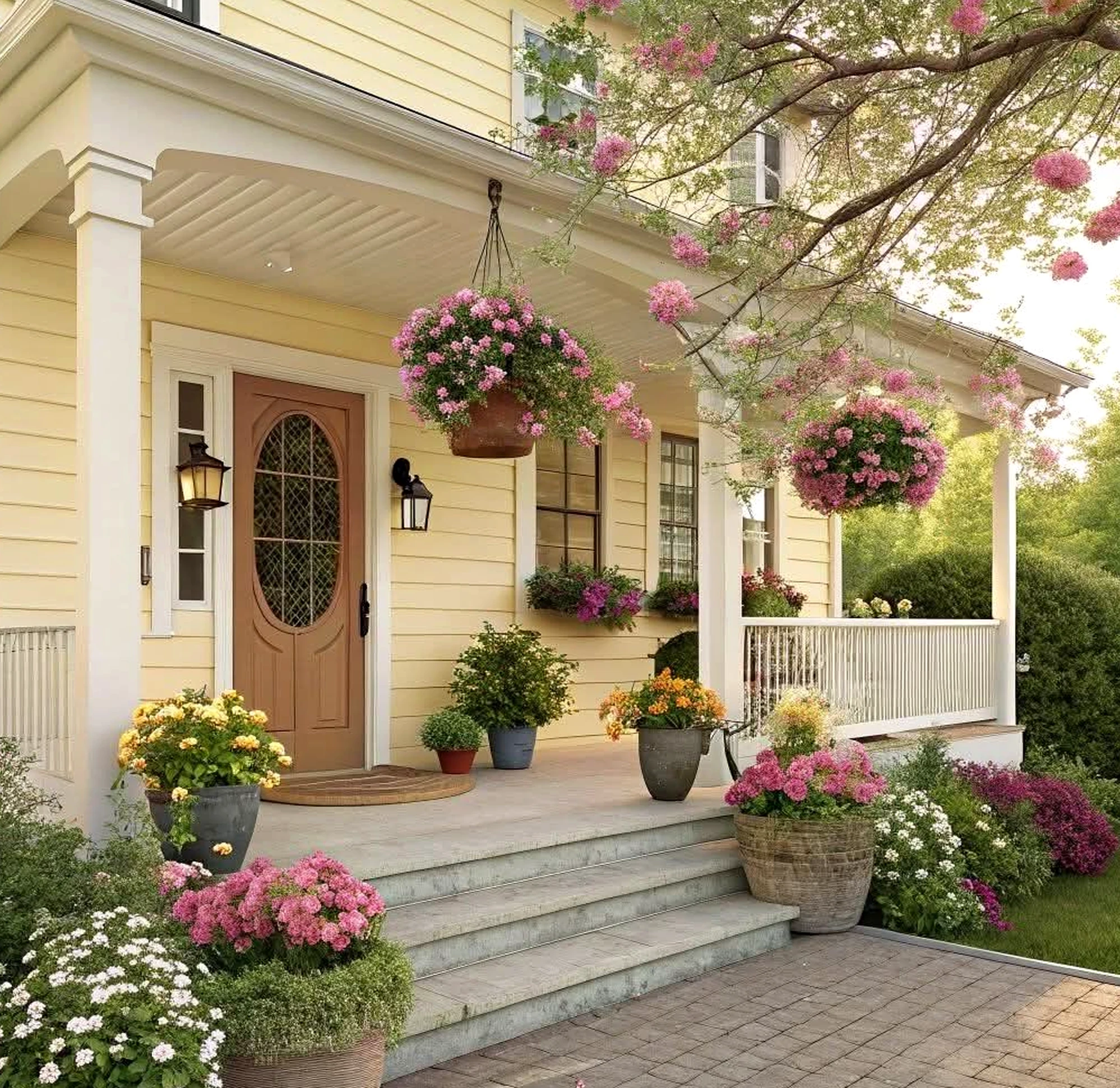 Warm balcony scene anchors the outdoor space with movement, giving the view a mood that feels comfortable in daily use.
