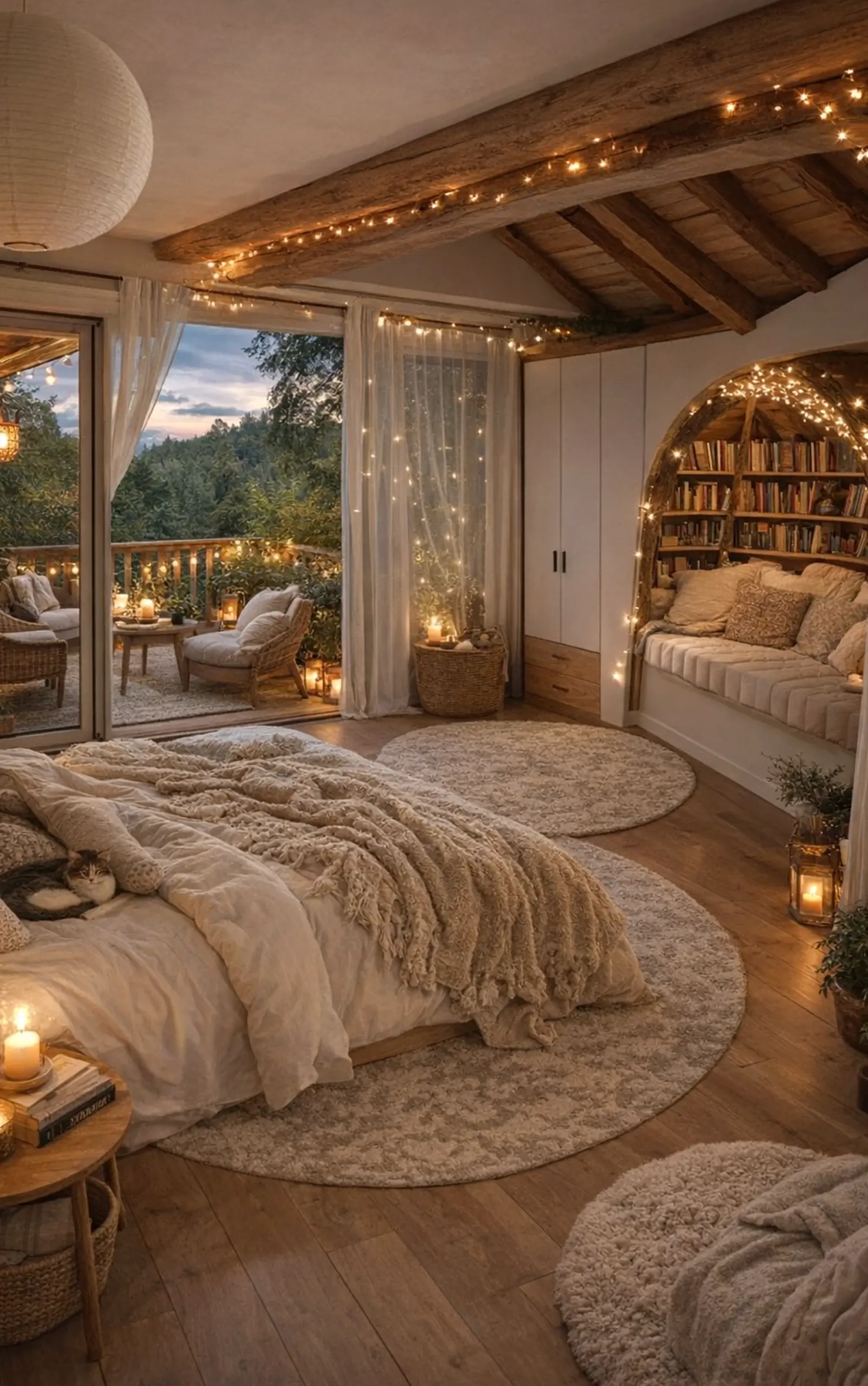 Airy floral bed draws attention to charm while the table stays personal and relaxed.