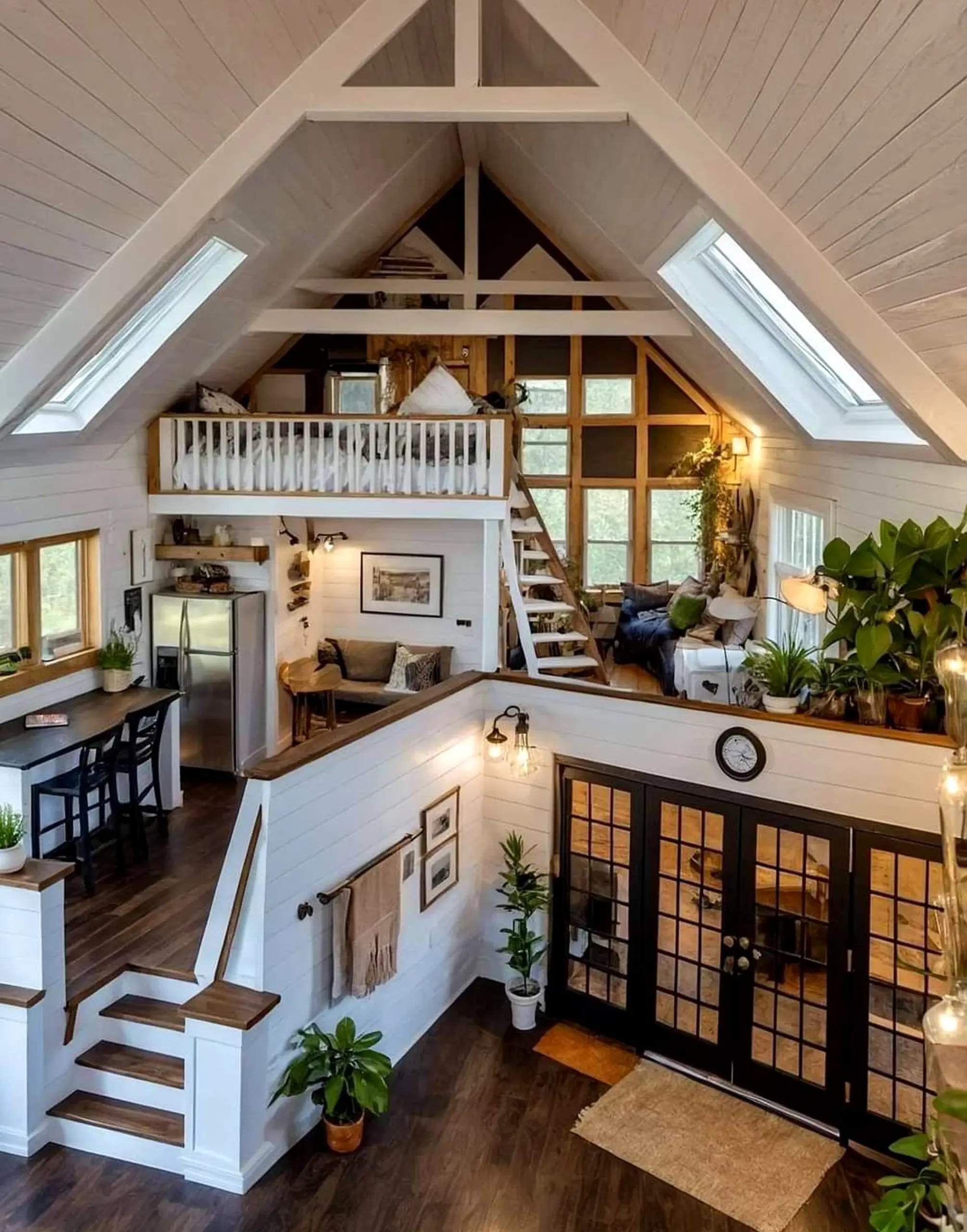 Warm stair landing anchors the composition with clarity, giving the view a mood that feels clear and inviting.