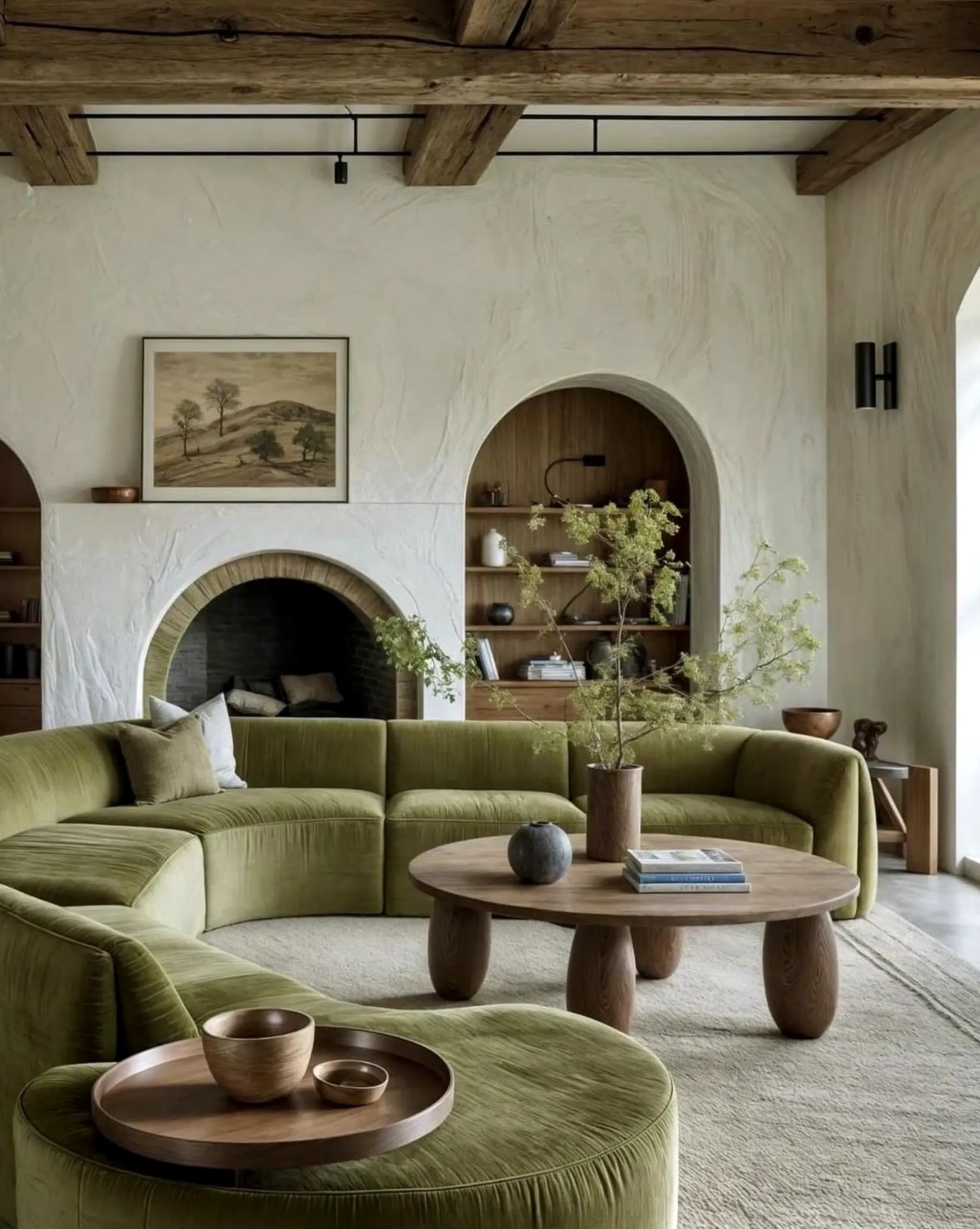 Sculptural neutral bedroom frames the outdoor space with depth, making the scene feel open and lived-in.