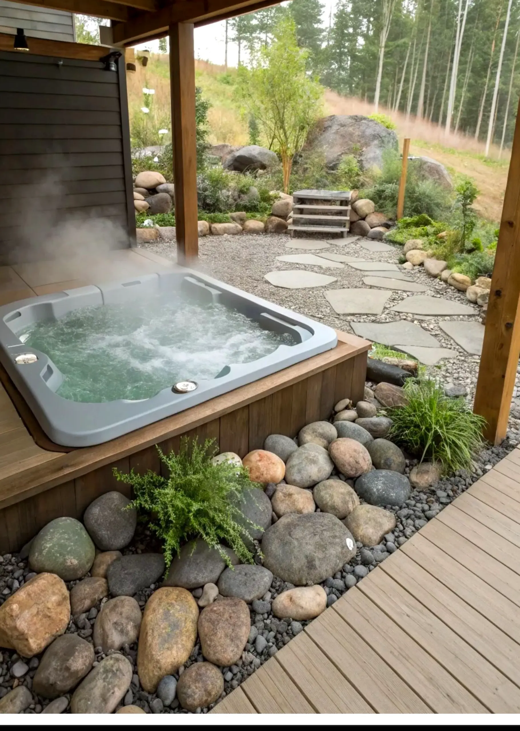 Sculptural garden seating brings rhythm to the setting, creating a mood that feels warm without clutter.