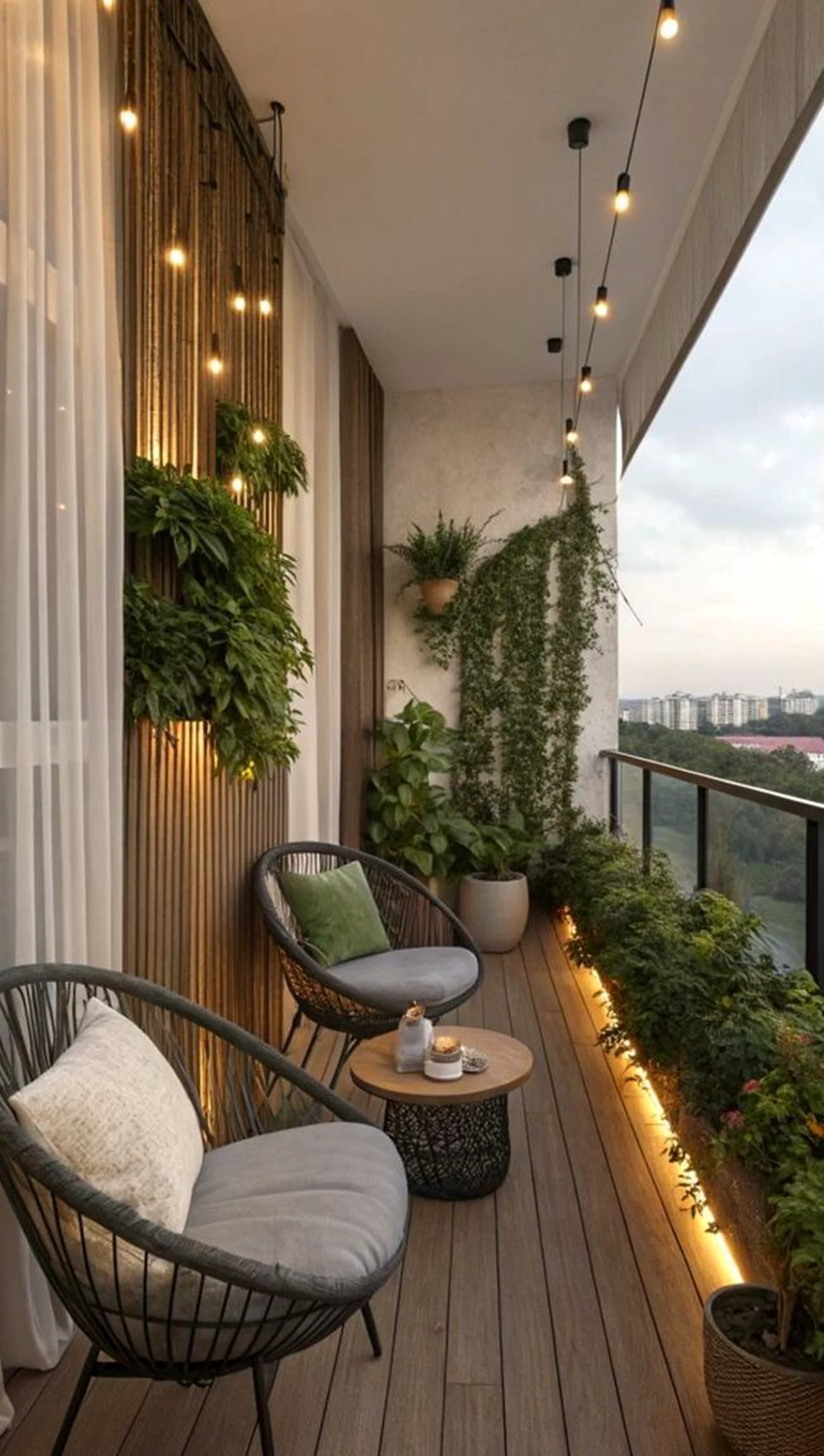 Crisp greenhouse corner gives the sitting area more softness, so the whole view feels bright but not busy.