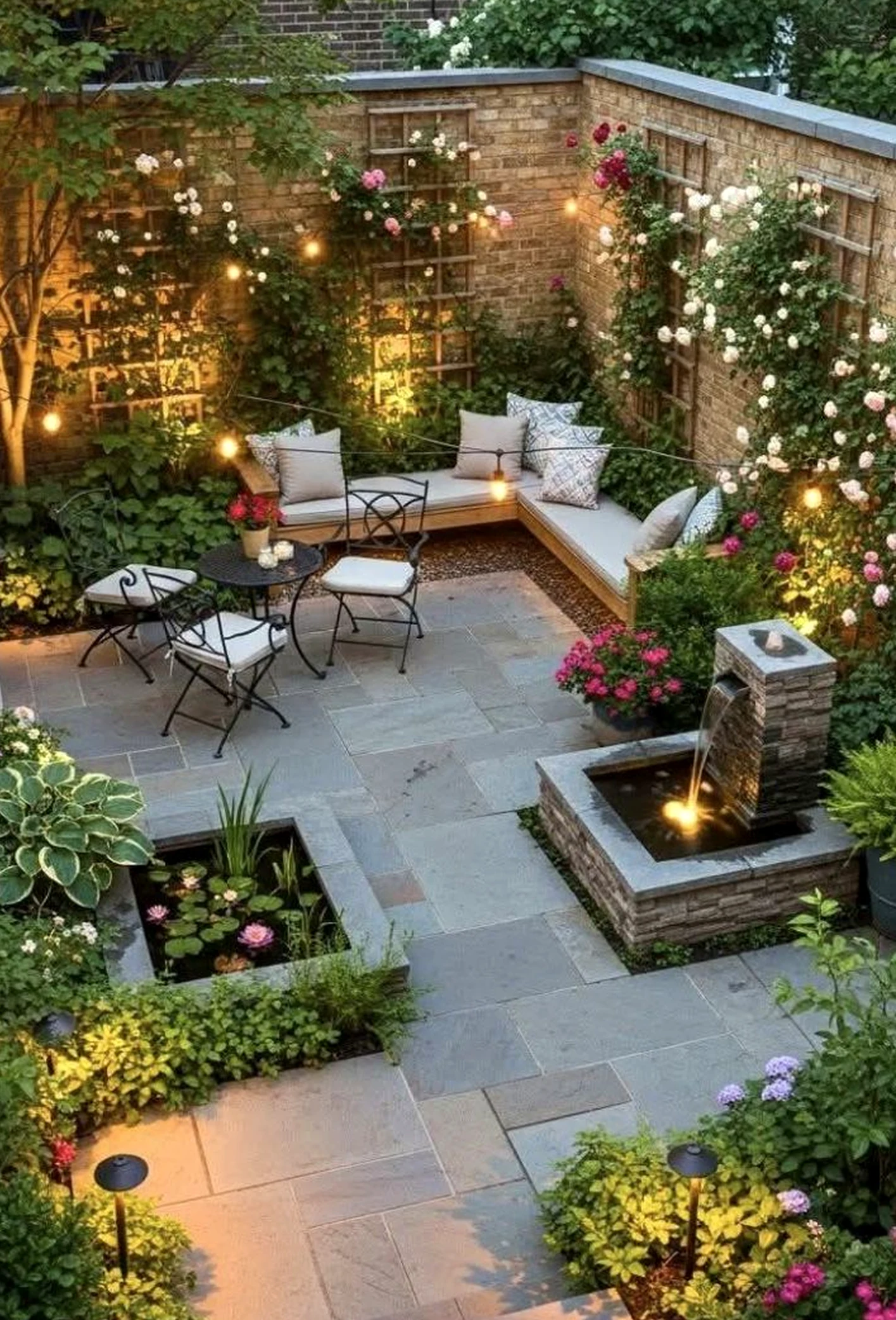Elegant wood shelving adds a clear layer of light, helping the garden edge feel personal and relaxed.