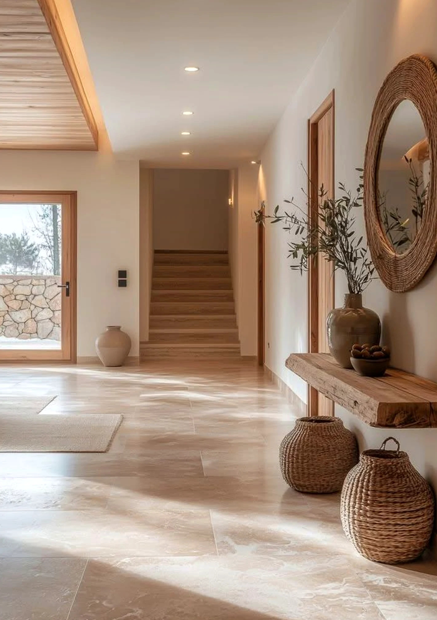 Warm dining setup brings a useful note of comfort, making the wall feel bright but not busy.