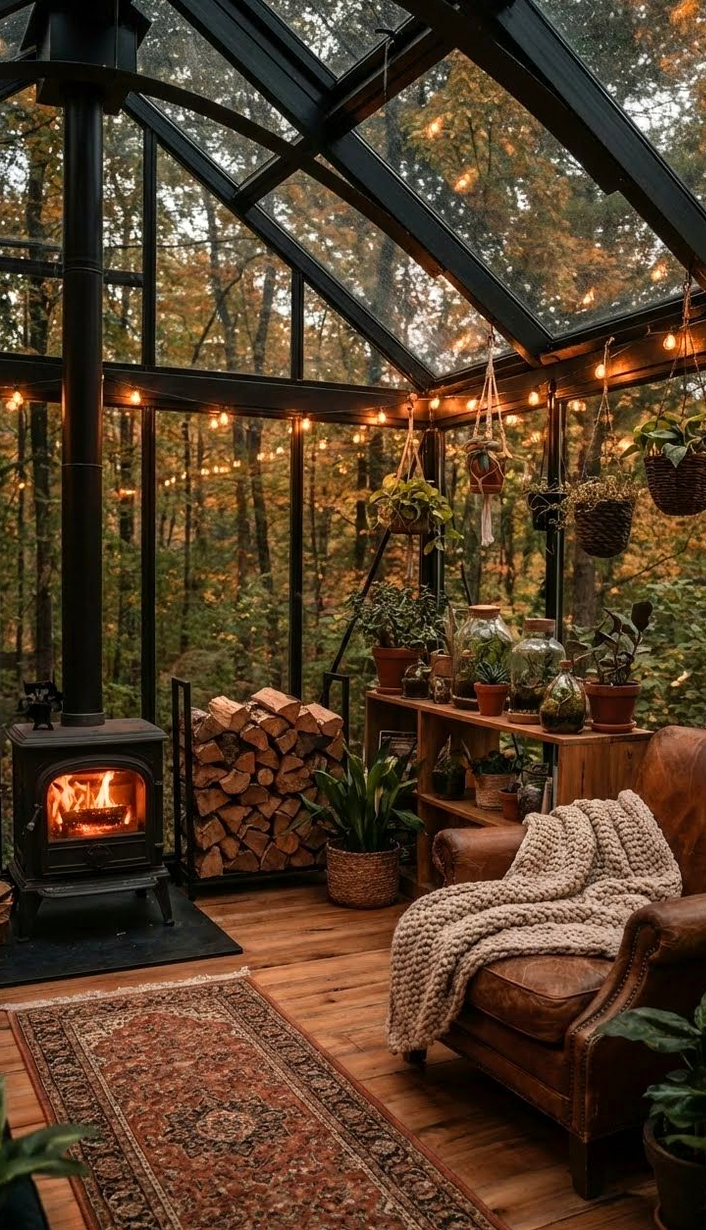 Leafy greenhouse corner brings rhythm to the view, creating a mood that feels warm without clutter.