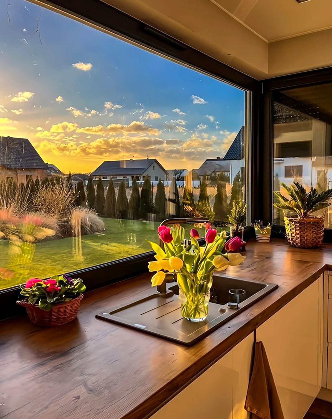 Textured outdoor lounge anchors the arrangement with personality, giving the view a mood that feels quietly finished.