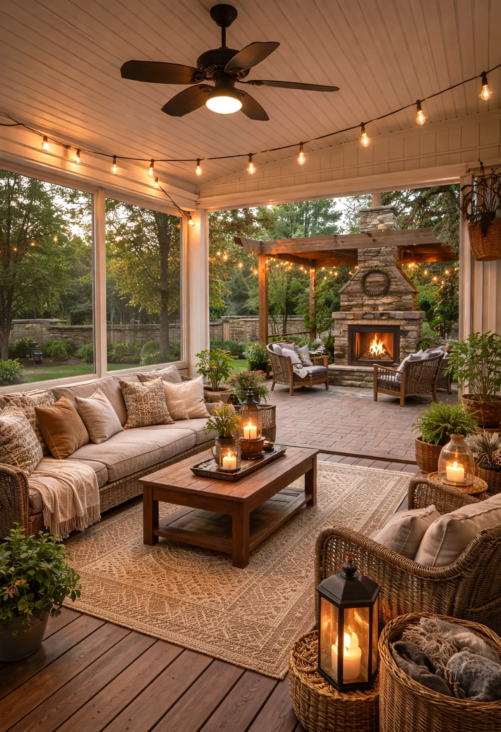Leafy balcony scene brings a useful note of depth, making the backdrop feel warm without clutter.