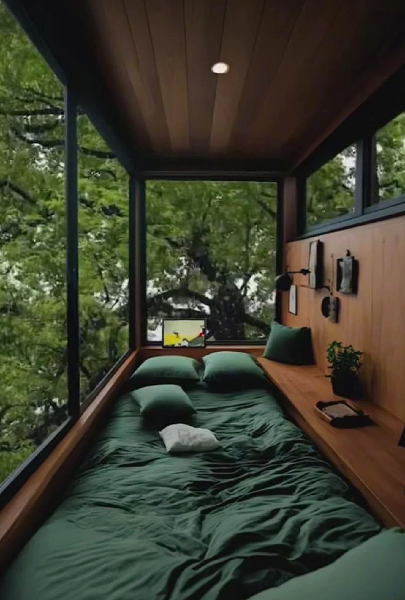 Subtle painted door anchors the view with movement, giving the view a mood that feels warm without clutter.