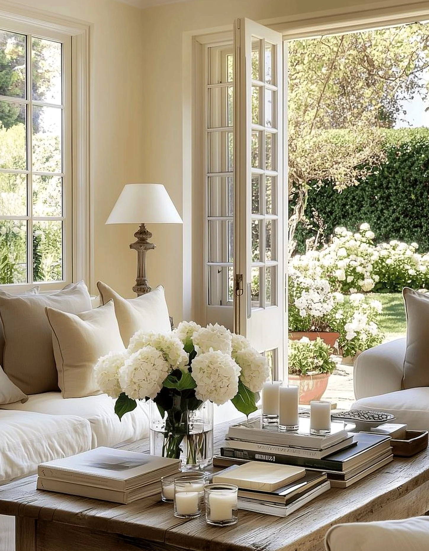 Soft garden seating adds contrast across the entry, giving the decor a finish that feels clear and inviting.